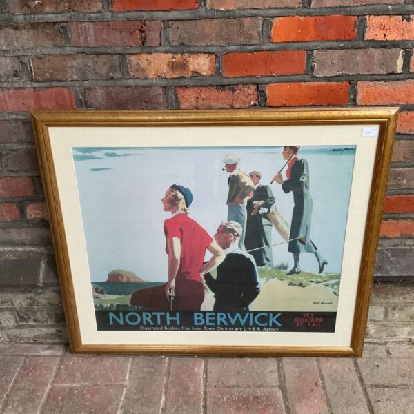 Vintage Andrew Johnson poster of a golfer at North Berwick railway station.