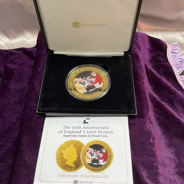 Commemorative £5 coin celebrating England’s 1966 World Cup victory.