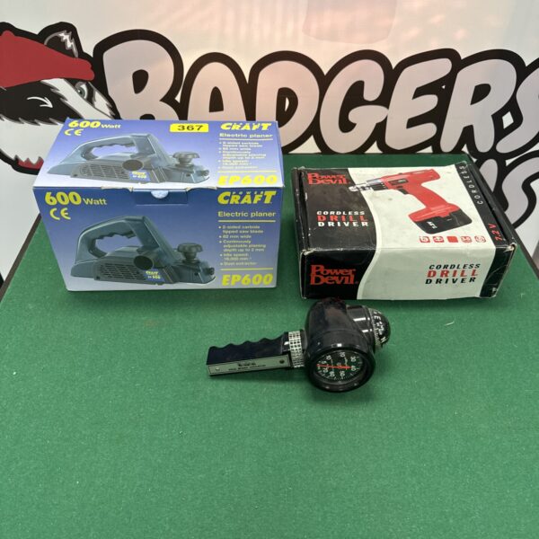 Vintage Powercraft ep600 electric planer, Power Devil drill, and wind speed indicator lot.