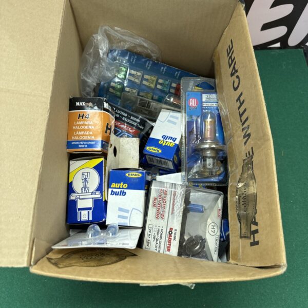 Assorted automotive bulbs and fuses in original packaging.