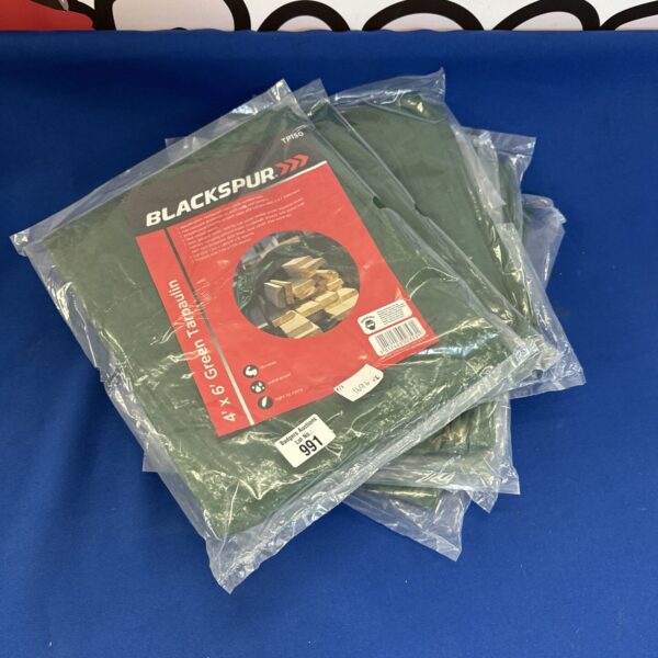 Six new Blackspur 4ft x 6ft tarpaulins in packaging.