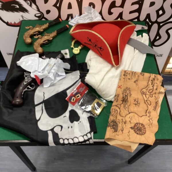 Pirate dress up accessories bundle including flag, map and pistols.