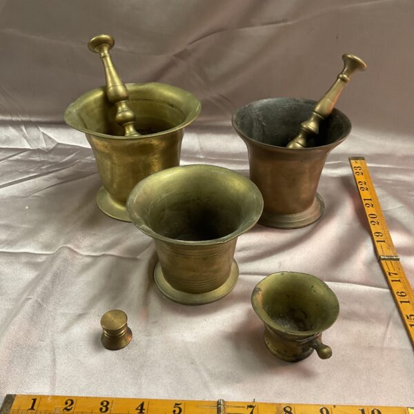 Antique brass mortar and pestle set, vintage kitchenalia.