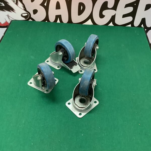 Blue trolley wheels with metal brackets for furniture and DIY projects.
