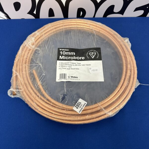 Wickes 10mm microbore copper tube roll for plumbing projects.