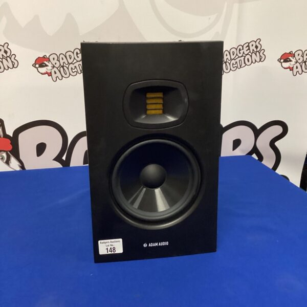 Adam Audio T7V speaker, a black studio monitor for music production.