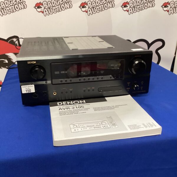 Black Denon AVR-2105 AV receiver for home theater setup.