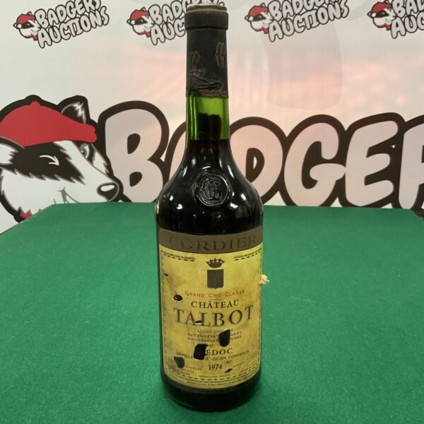 Vintage 1974 Chateau Talbot wine bottle, collectible Bordeaux.