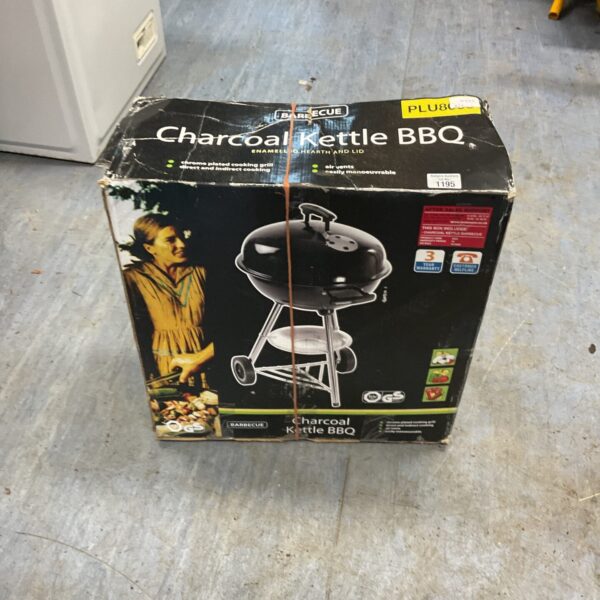 Enamel charcoal barbecue grill for outdoor cooking.