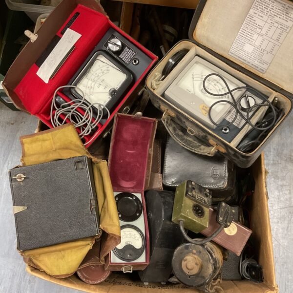 Vintage light meters in a box, antique photography equipment.