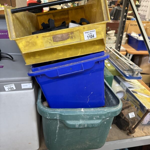 Three tubs of shed clearance items with tools and hardware.