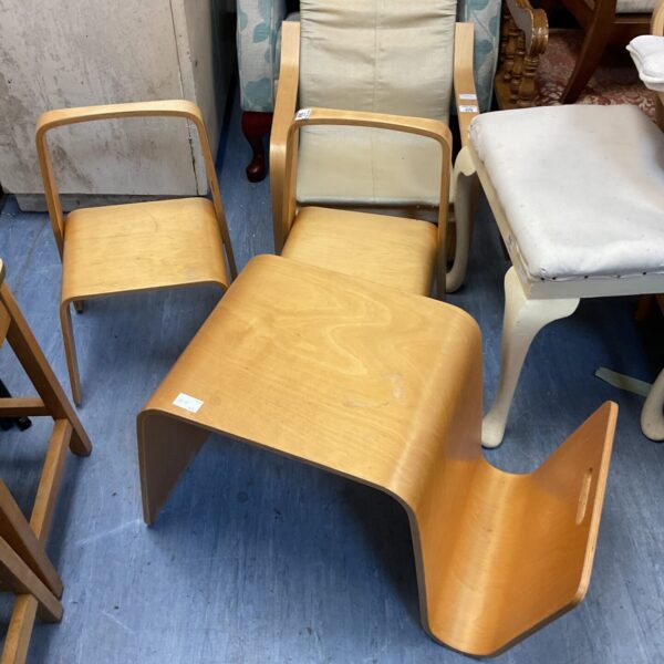 Vintage bentwood child's table and chairs set for playroom use.