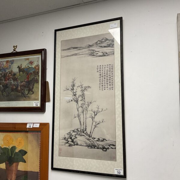 Vintage oriental mountain print with trees and landscape.