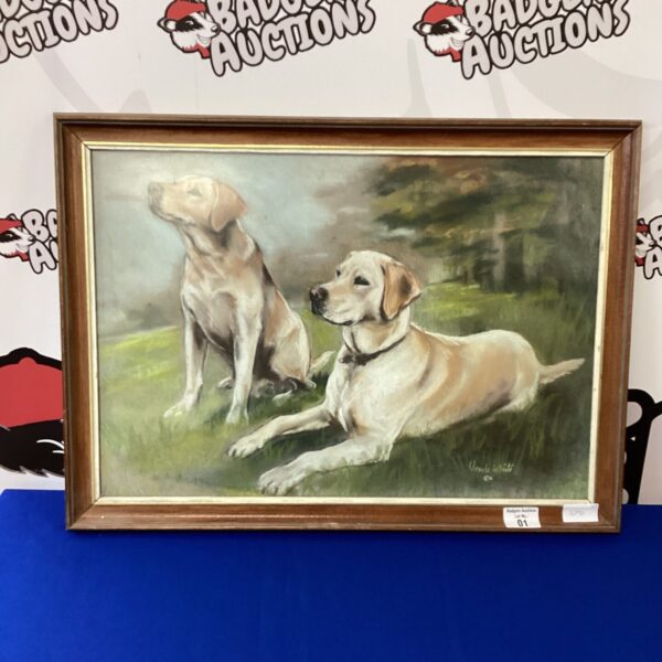 Signed pastel painting of two golden labradors by Ursula White.