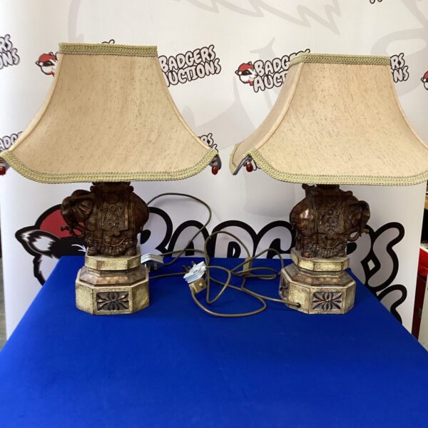 Pair of vintage ceramic elephant table lamps with shades.