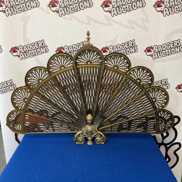 Vintage brass phoenix fire screen, antique fireplace accessory.