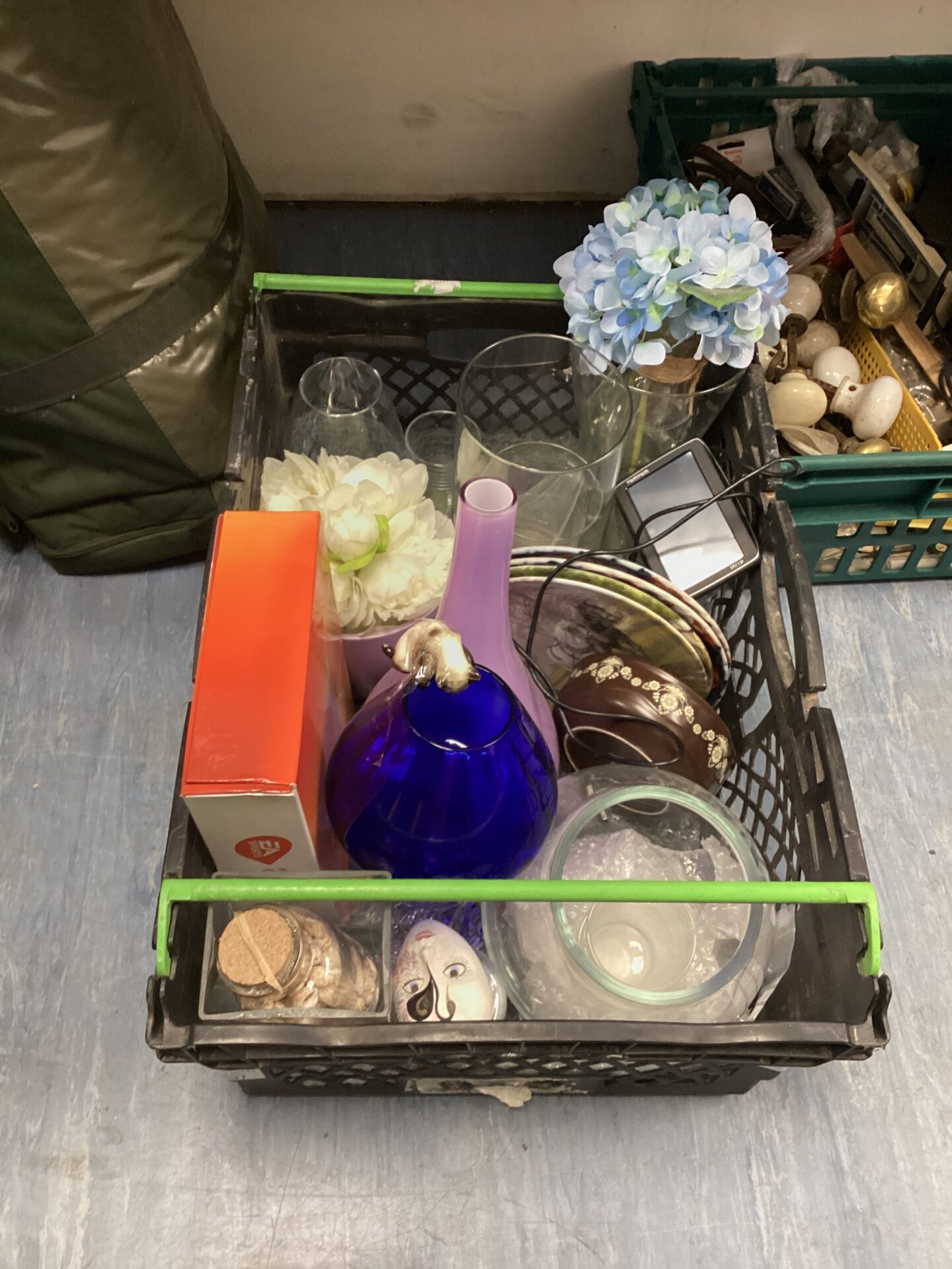 497 Crate of mixed house clearance inc large blue brandy glass with porcelain cat, vases, EA Active 2 & decorative plates