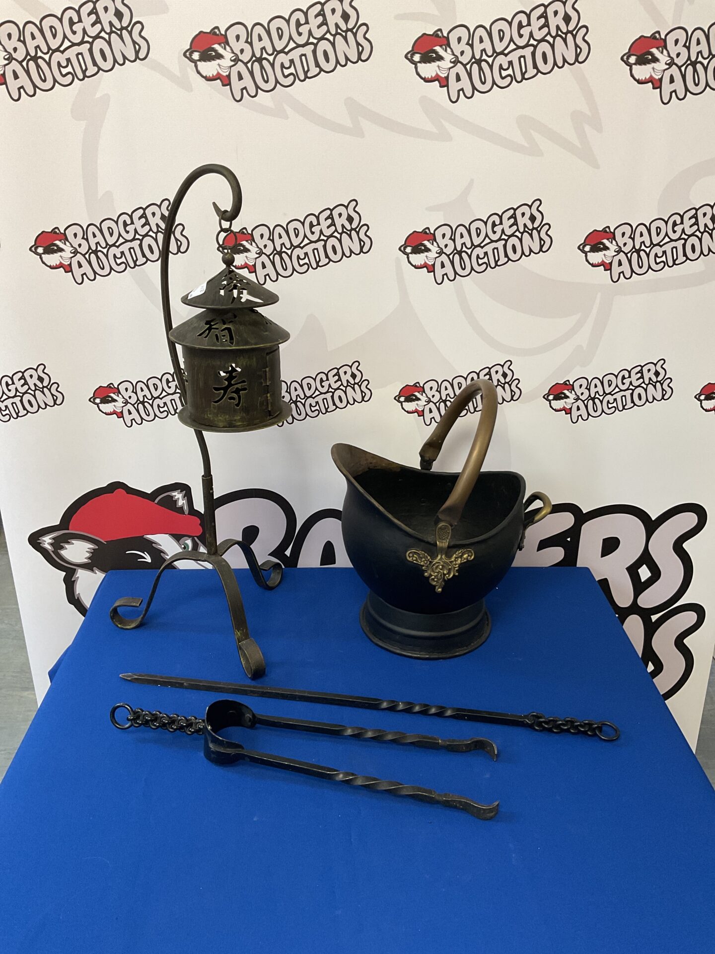 049 Chinese candle lantern, coal scuttle & wrought iron fireplace tools