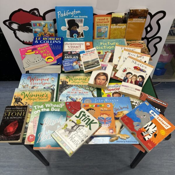 Large book collection including Harry Potter and Bridget Jones.
