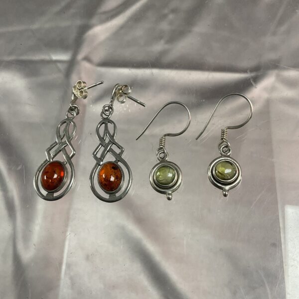 Silver Celtic amber and peridot drop earrings, vintage style jewellery.