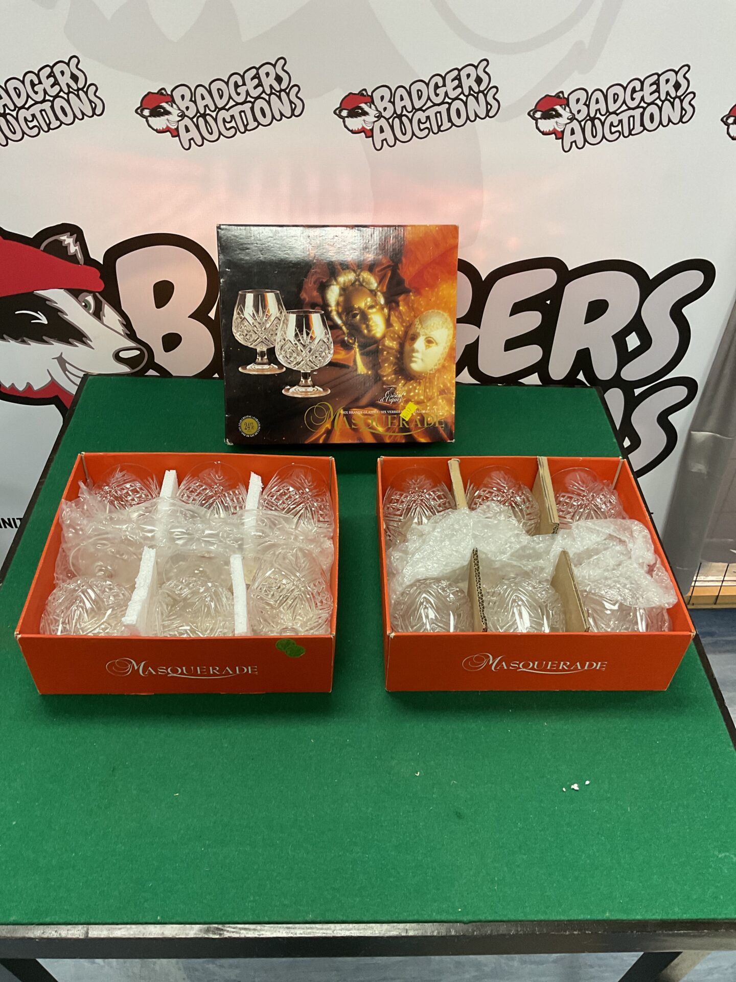 416 two boxes of masquerade brandy glasses