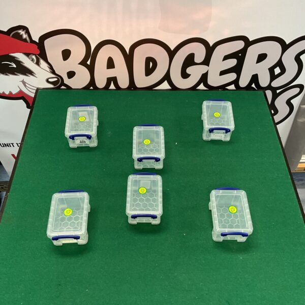 Lot of six clear mini storage boxes for organisation.