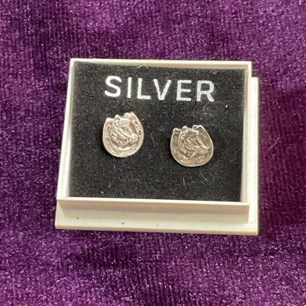 Close-up of silver horseshoe stud earrings on a dark background.