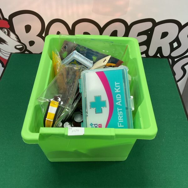 Mixed lot of assorted items in a cardboard box.