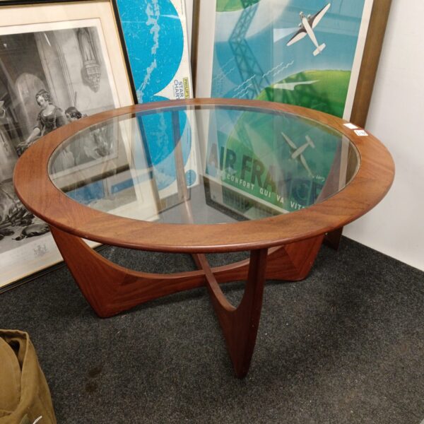 Mid century Gplan Astro coffee table with teak frame and glass top.