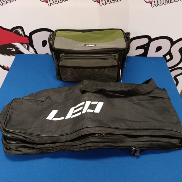 Black Leo fishing tackle bag with multiple compartments.