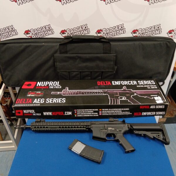 Nuprol Delta Enforcer airsoft rifle in carrying case.