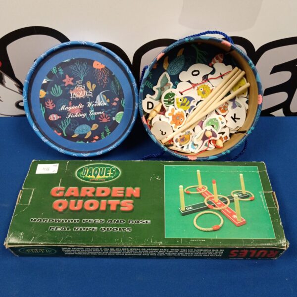 Vintage Jacques garden quoits and magnetic fishing game set.