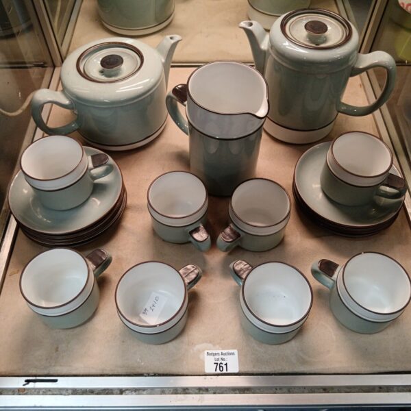 Vintage Denby pottery tea and coffee set displayed on a table.