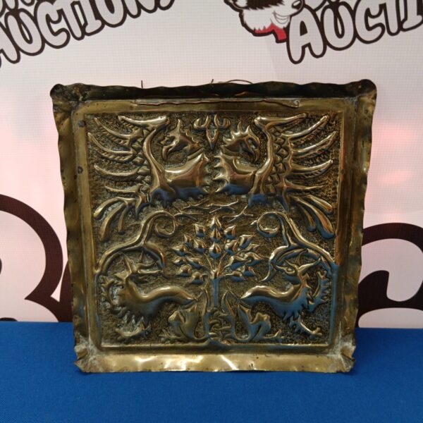 Vintage brass tray with dragon and phoenix design for Asian decor.
