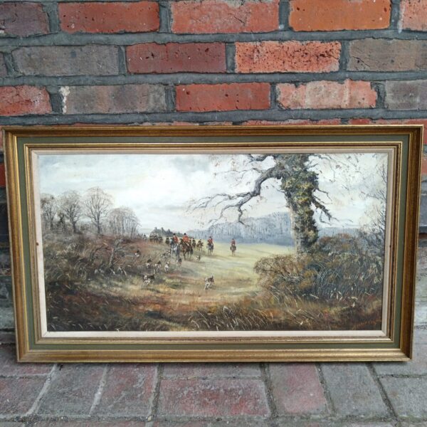Vintage Audrey Knight hunt scene oil painting with riders and horses.