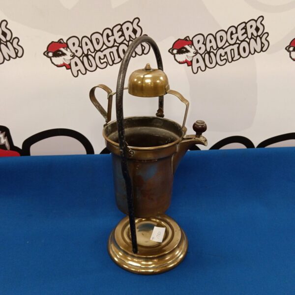 Antique Carl Deffner brass coffee pot on stand, vintage kitchenware.