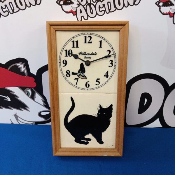 Vintage Withersdale black cat ceramic tile wall clock.