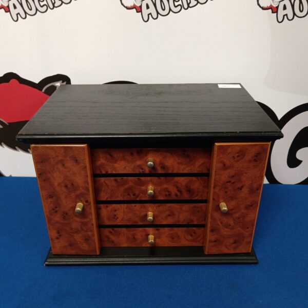 Vintage faux walnut jewellery cabinet with four drawers.
