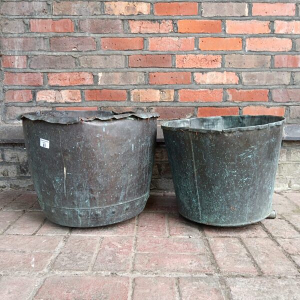 Pair of antique copper boiler pots with patina.