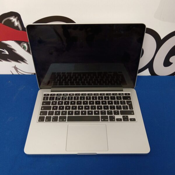 Silver Apple MacBook Pro A1502 laptop, showing the keyboard and screen.
