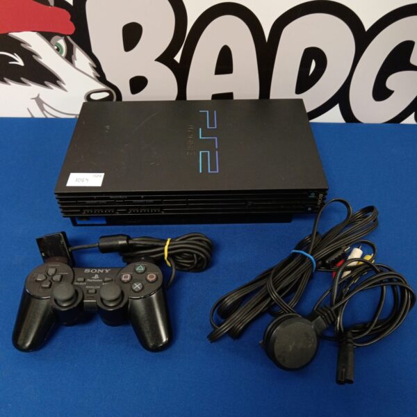 Sony Playstation 2 console with controller and cables for retro gaming.