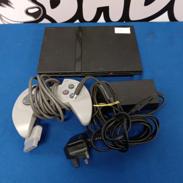Sony Playstation 2 Slim console with controller for gaming.