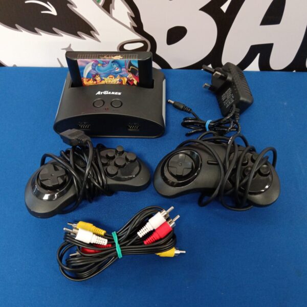 AtGames Sega Mega Drive Mini console with controller and cables.