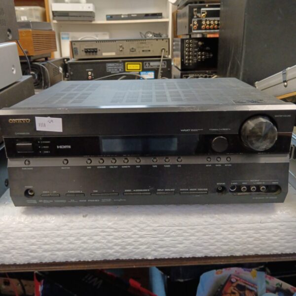 Black Onkyo TX-SR605 AV receiver for home theater setup.