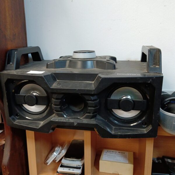 Black Goodmans Bluetooth speaker with angular design.