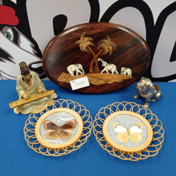 Vintage taxidermy butterfly coasters with wooden plaque and pin cushion.