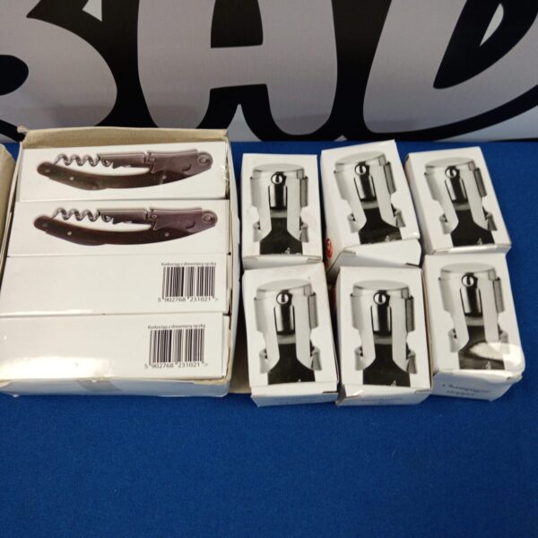 New unopened lot of bottle openers and stoppers in packaging.