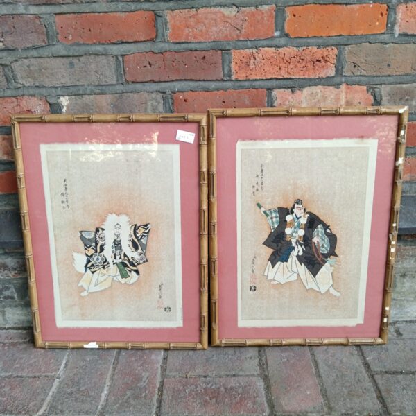 Vintage Sadanobu Hasegawa woodblock prints depicting Kanin Cho Benkei scenes.