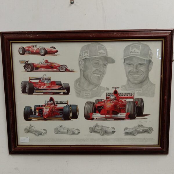 Vibrant Stuart McIntyre Ferrari print celebrating Formula One racing history.