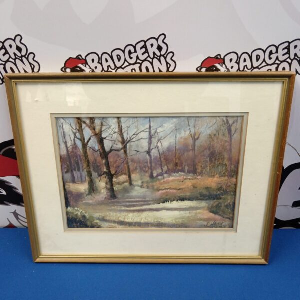 Signed J Walker pastel painting of an autumn woodland scene.